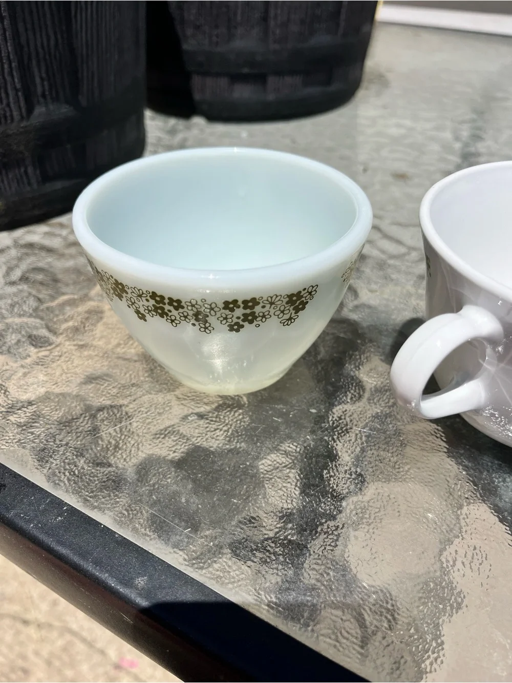 Vintage Retro Corning-ware Green Floral coffee cup and sugar dish.
